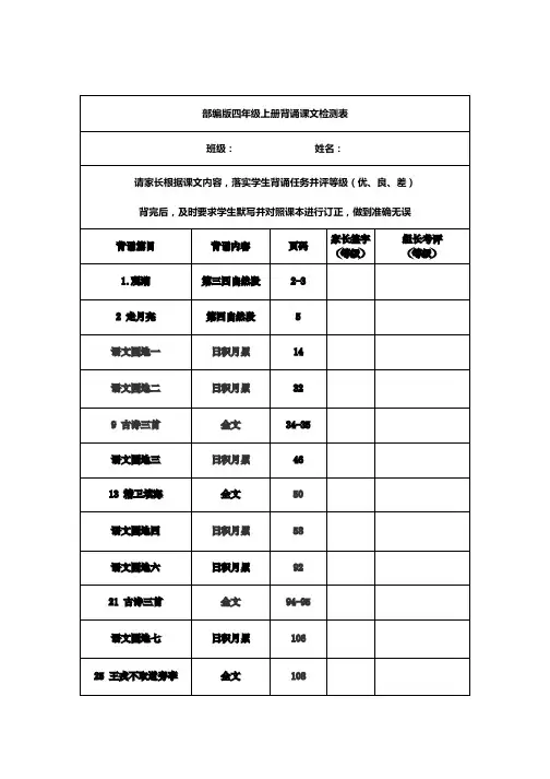 部编版2019-2020四年级语文上册课文背诵闯关表及必背内容汇总