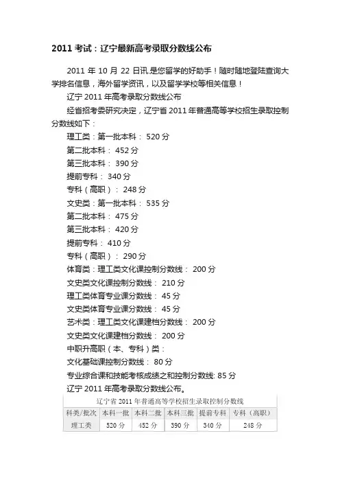 2011考试：辽宁最新高考录取分数线公布