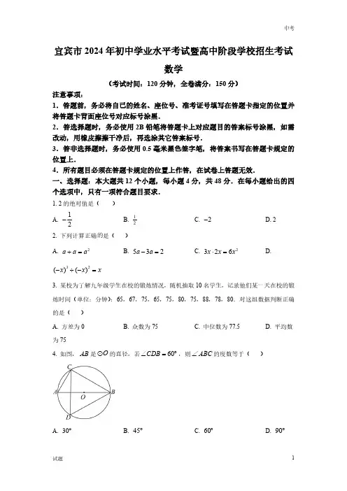 2024年四川省宜宾市中考数学真题卷及答案解析