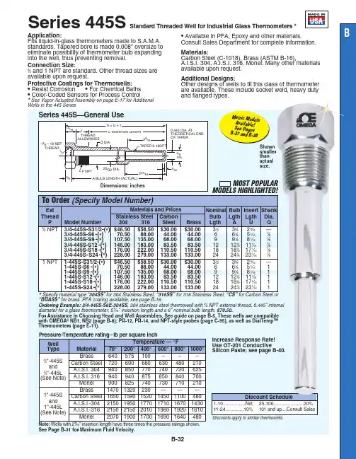 美国菲尔兹公司产品说明书：B-32 BSeries 445S标准线性玻璃温度计井