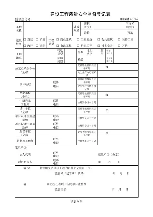 建设工程质量安全监督登记表