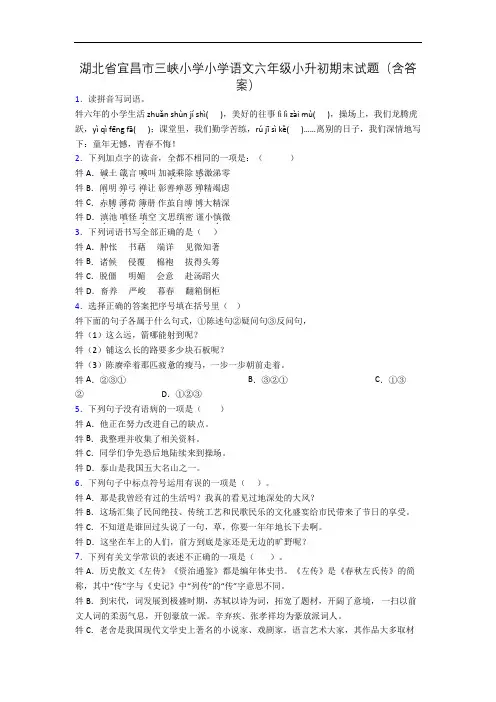 湖北省宜昌市三峡小学小学语文六年级小升初期末试题(含答案)