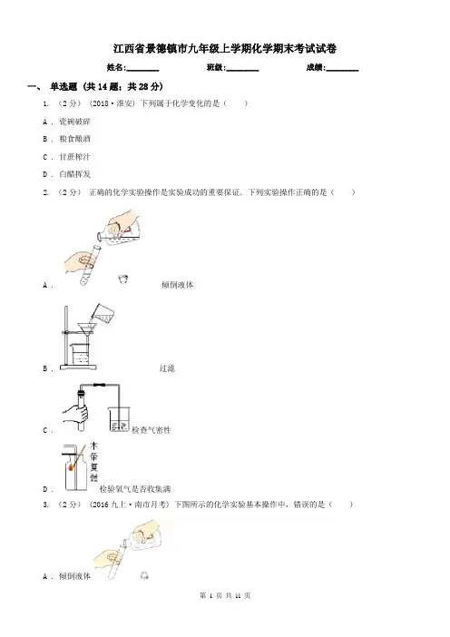 江西省景德镇市九年级上学期化学期末考试试卷
