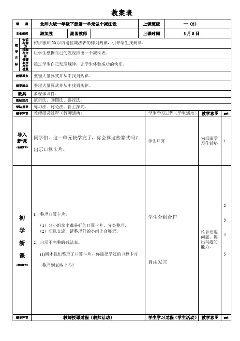 北师大版一年级下册数学第一单元做个减法表(张双喜)