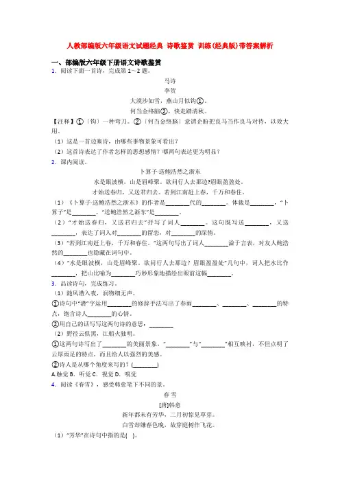 人教部编版六年级语文试题经典 诗歌鉴赏 训练(经典版)带答案解析