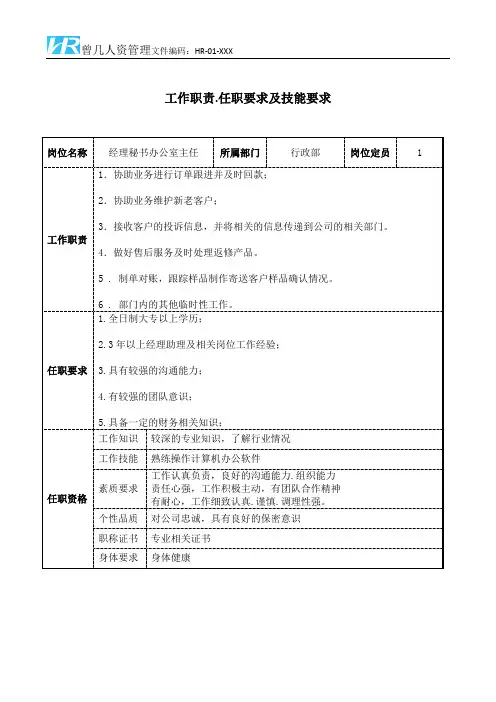 经理秘书办公室主任工作职责和任职要求模板
