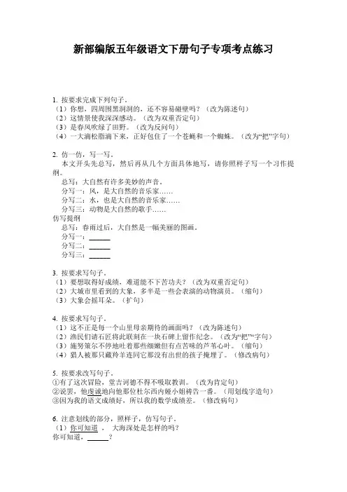新部编版五年级语文下册句子专项考点练习