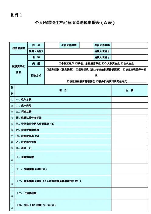 个人所得税生产经营所得纳税申报表(A表)