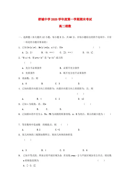 安徽省六安市舒城中学2020学年高二数学上学期期末考试试题 理