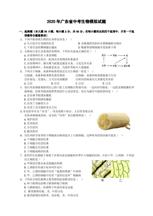2020年广东省中考生物模拟试题(含答案)