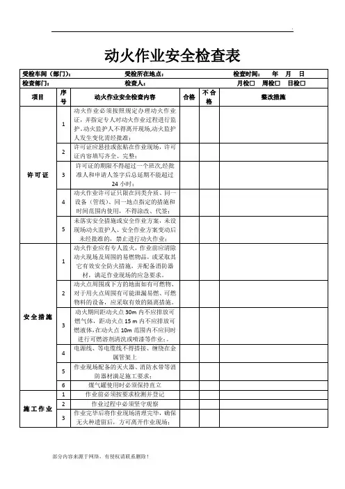 动火作业安全检查表 (最新版)