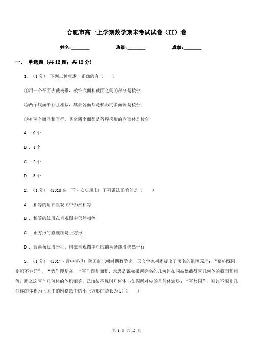 合肥市高一上学期数学期末考试试卷(II)卷(测试)
