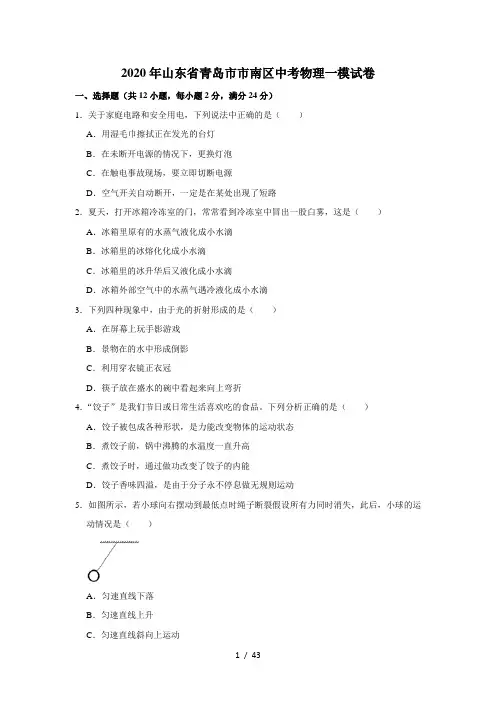2020年山东省青岛市市南区中考物理一模试卷(解析版)
