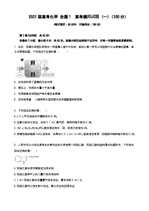 2021届高考化学 全国1  高考模拟试题 (一)(100分)(word版 含答案)
