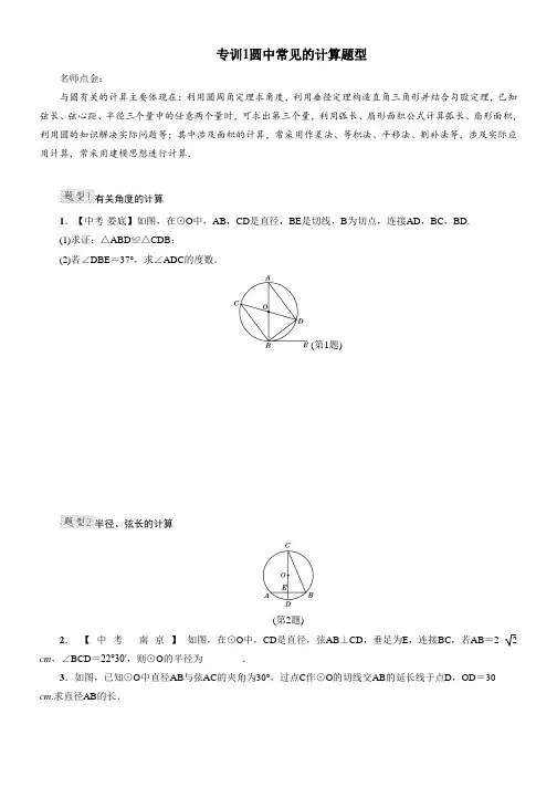九年级数学下册北师大版专训：第三章专训1圆中常见的计算题型