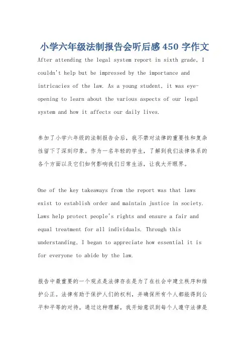 小学六年级法制报告会听后感450字作文