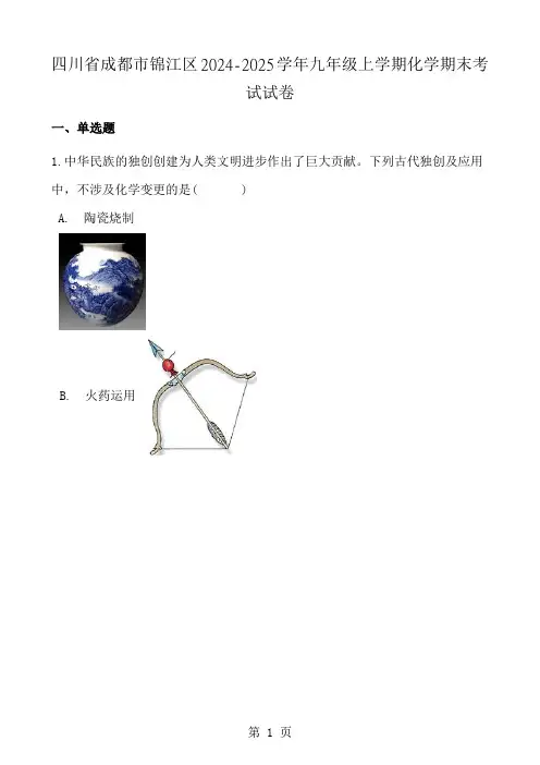 四川省成都市锦江区20242024学年九年级上学期化学期末考试试卷解析