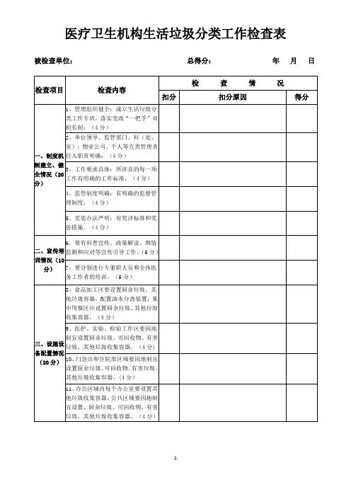 医疗卫生机构生活垃圾分类工作检查表自查表