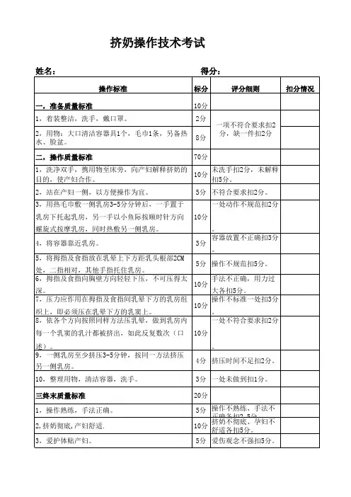 产科挤奶操作考试表