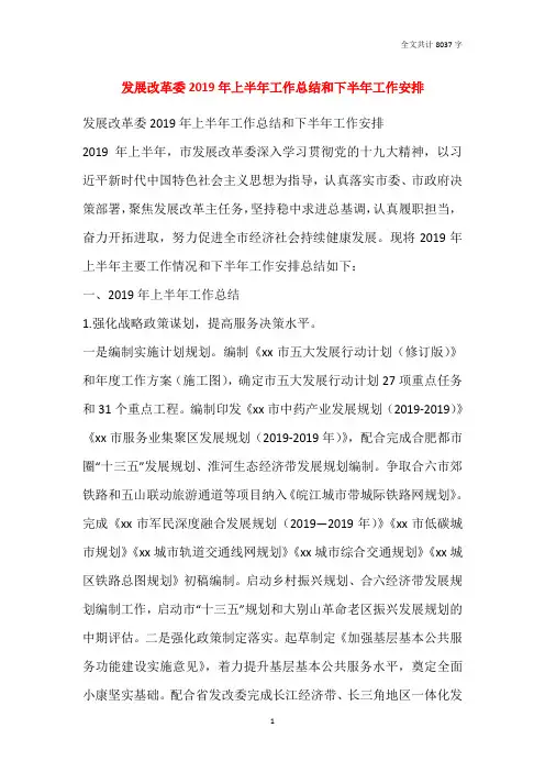 发展改革委2019年上半年工作总结和下半年工作安排