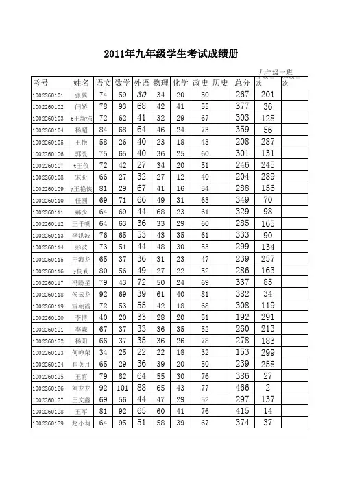 2011九年级成绩册(各科)