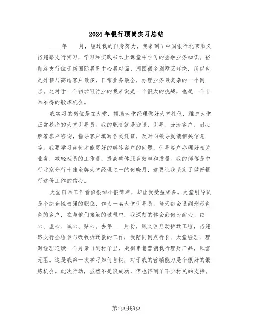 2024年银行顶岗实习总结（3篇）