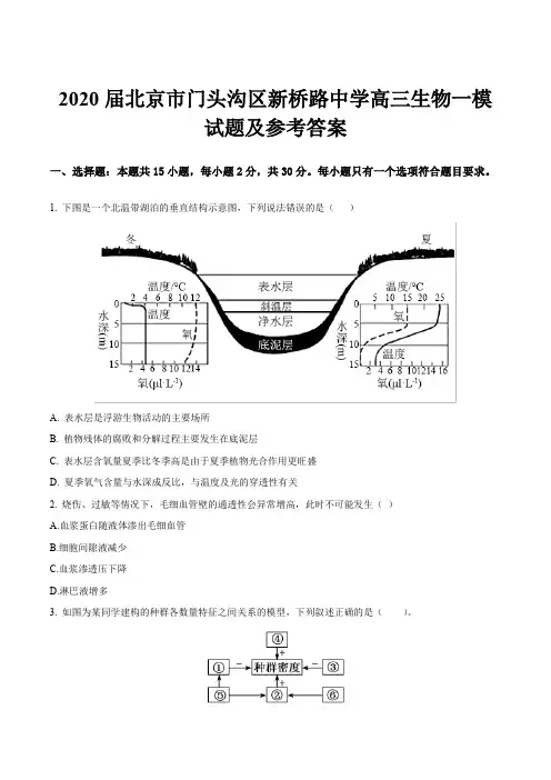 2020届北京市门头沟区新桥路中学高三生物一模试题及参考答案
