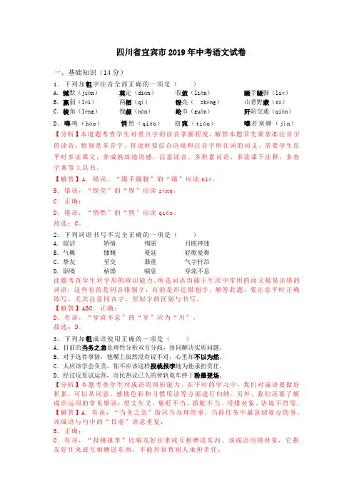 四川省宜宾市2020年中考语文试卷(解析版)