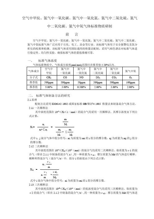 空气中甲烷,氮气中一氧化碳,氮气中一氧化氮,氮气中二氧化硫,氮气中二氧化碳,氮气中氧气体标准物质研制