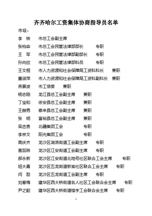 齐齐哈尔工资集体协商指导员名单