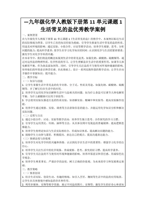 —九年级化学人教版下册第11单元课题1生活常见的盐优秀教学案例