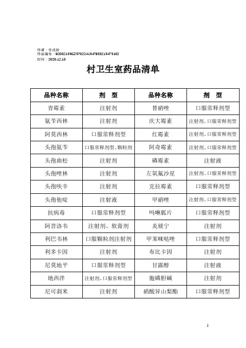 2020年村卫生室药品清单