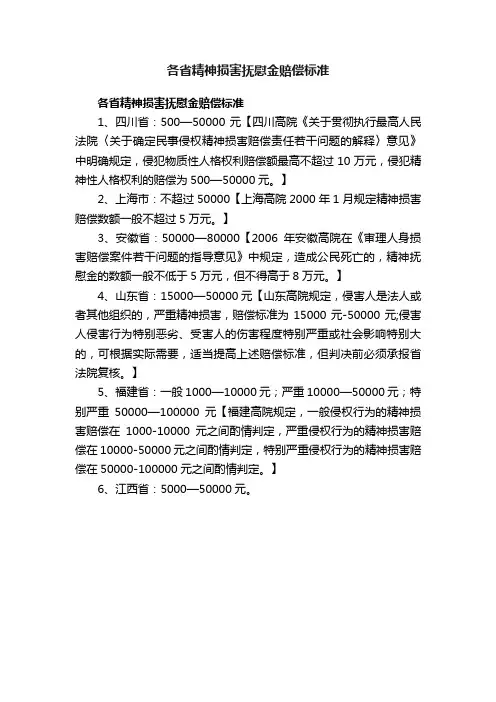 各省精神损害抚慰金赔偿标准