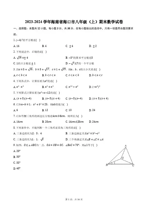 2023-2024学年海南省海口市八年级(上)期末数学试卷(含解析)