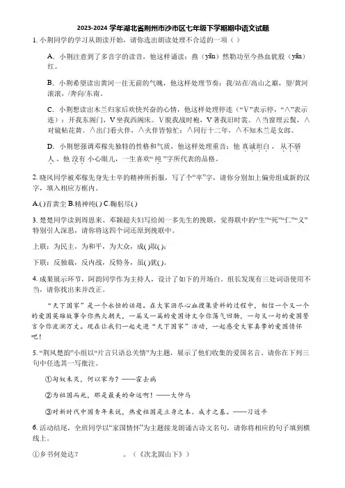 2023-2024学年湖北省荆州市沙市区七年级下学期期中语文试题