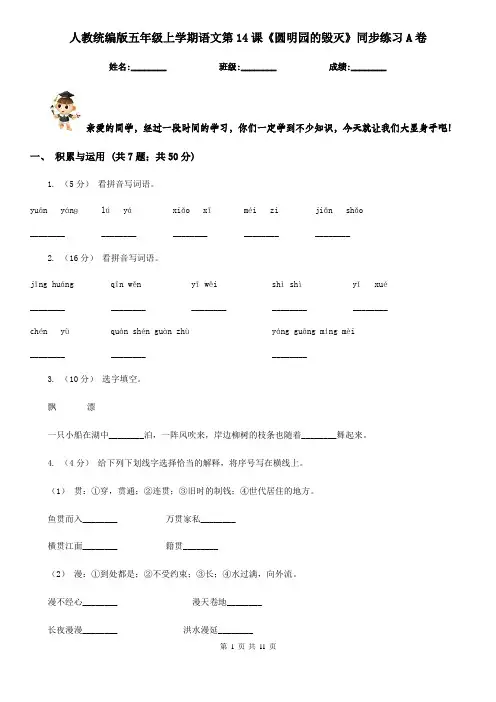 人教统编版五年级上学期语文第14课《圆明园的毁灭》同步练习A卷