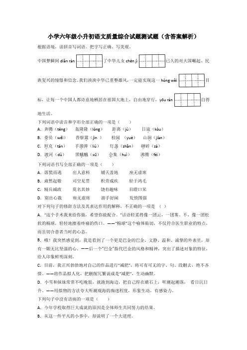 小学六年级小升初语文质量综合试题测试题(含答案解析)
