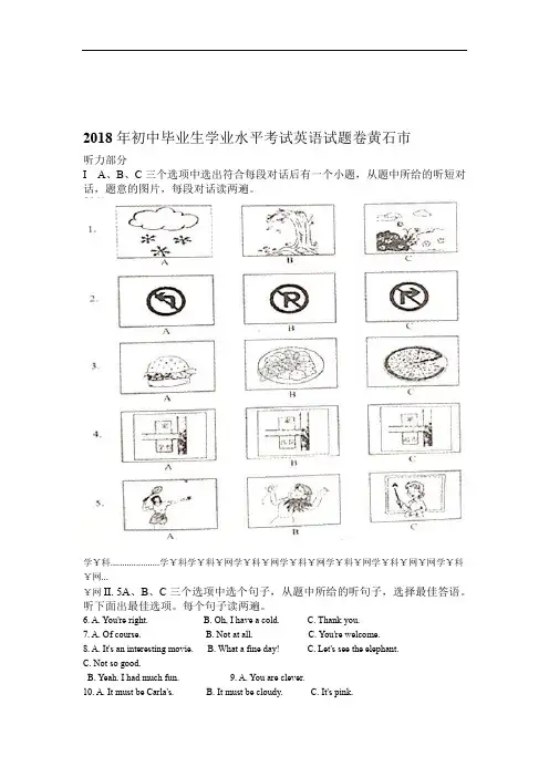 2018年湖北省黄石市中考英语试题原卷版