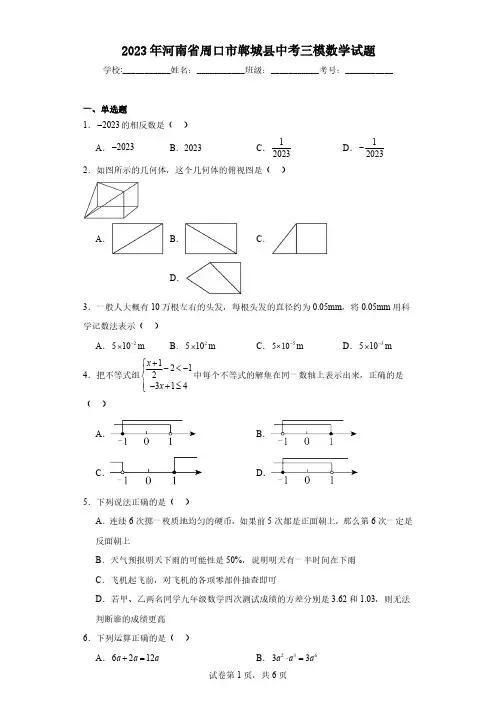 2023年河南省周口市郸城县中考三模数学试题(含解析)