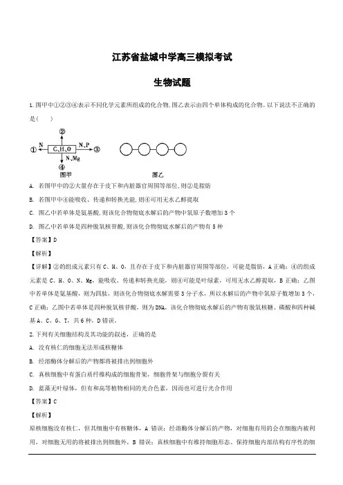 【精品解析】江苏省盐城中学2019届高三上学期模拟考试生物试题--含解析