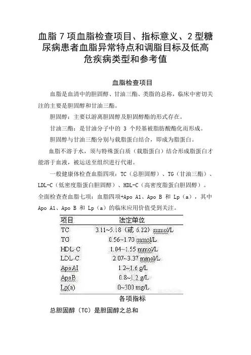 血脂7项血脂检查项目、指标意义、2型糖尿病患者血脂异常特点和调脂目标及低高危疾病类型和参考值