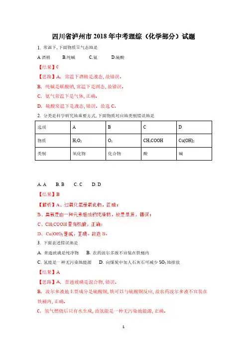 四川泸州市2018年中考化学试题(word版含解析)