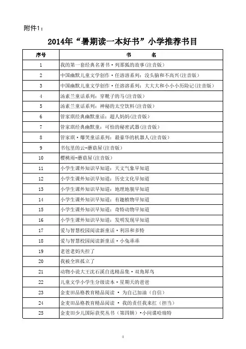 2014年“暑期读一本好书”小学推荐书目