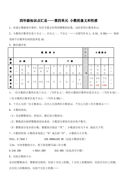 小学数学四年级下册-第四单元小数的意义和性质-知识点整理