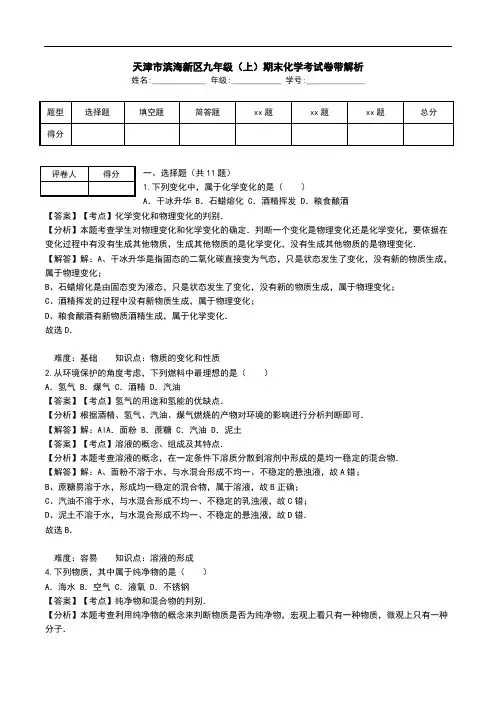 天津市滨海新区九年级(上)期末化学考试卷带解析.doc