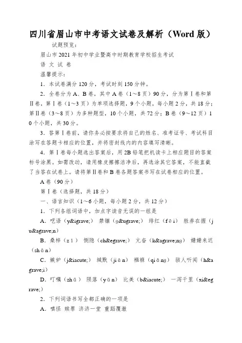 四川省眉山市中考语文试卷及解析(Word版)