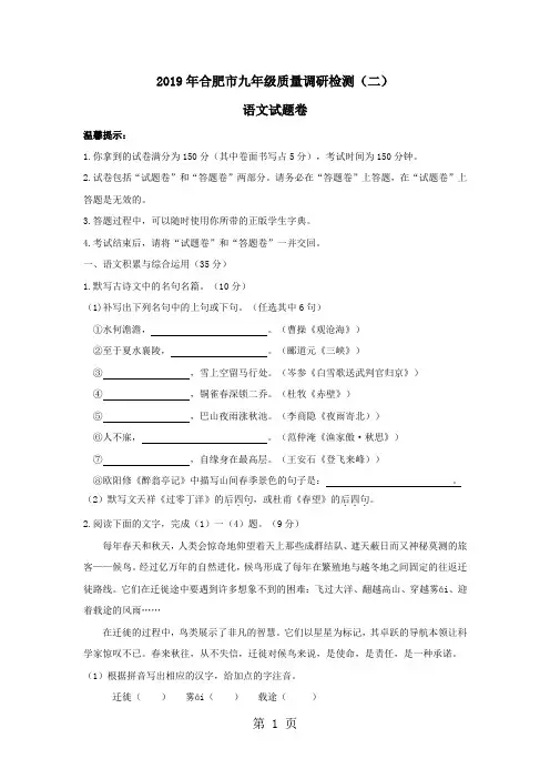 2019年安徽省合肥市九年级质量调研检测(二)语文试题语文.doc
