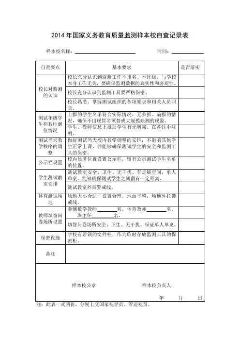 2014年国家义务教育质量监测样本校自查记录表