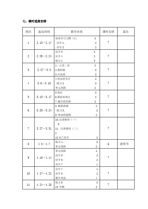 苏教版二年级下册教学进度表