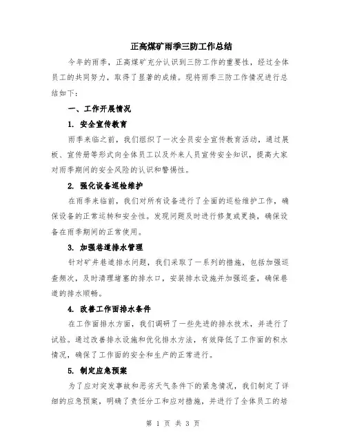 正高煤矿雨季三防工作总结